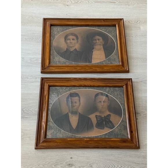 unknown Other - Large Pair of Antique Late 19th Century Wood Framed Family Portraits Wall Decor